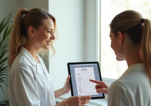 Nutricionista profesional conversando con un paciente en una oficina luminosa